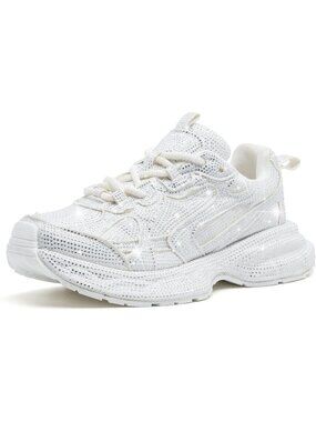 Women's White Sparkly Glitter Rhinestone Bling Dressy Walking Shiny Sneakers